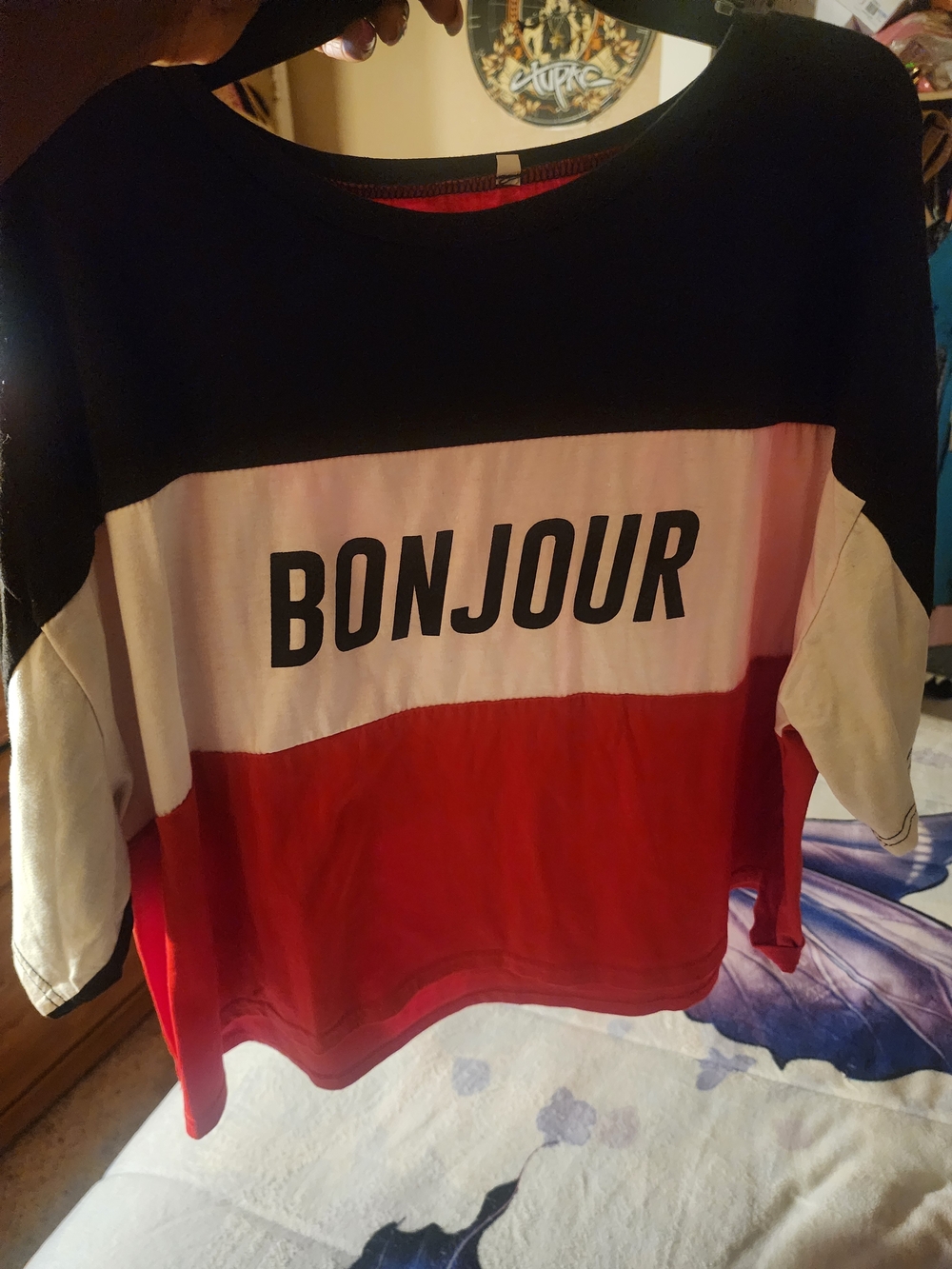 Womens Crop Top Colorblock 'Bonjour' Tee Shirt- Black, White & Red